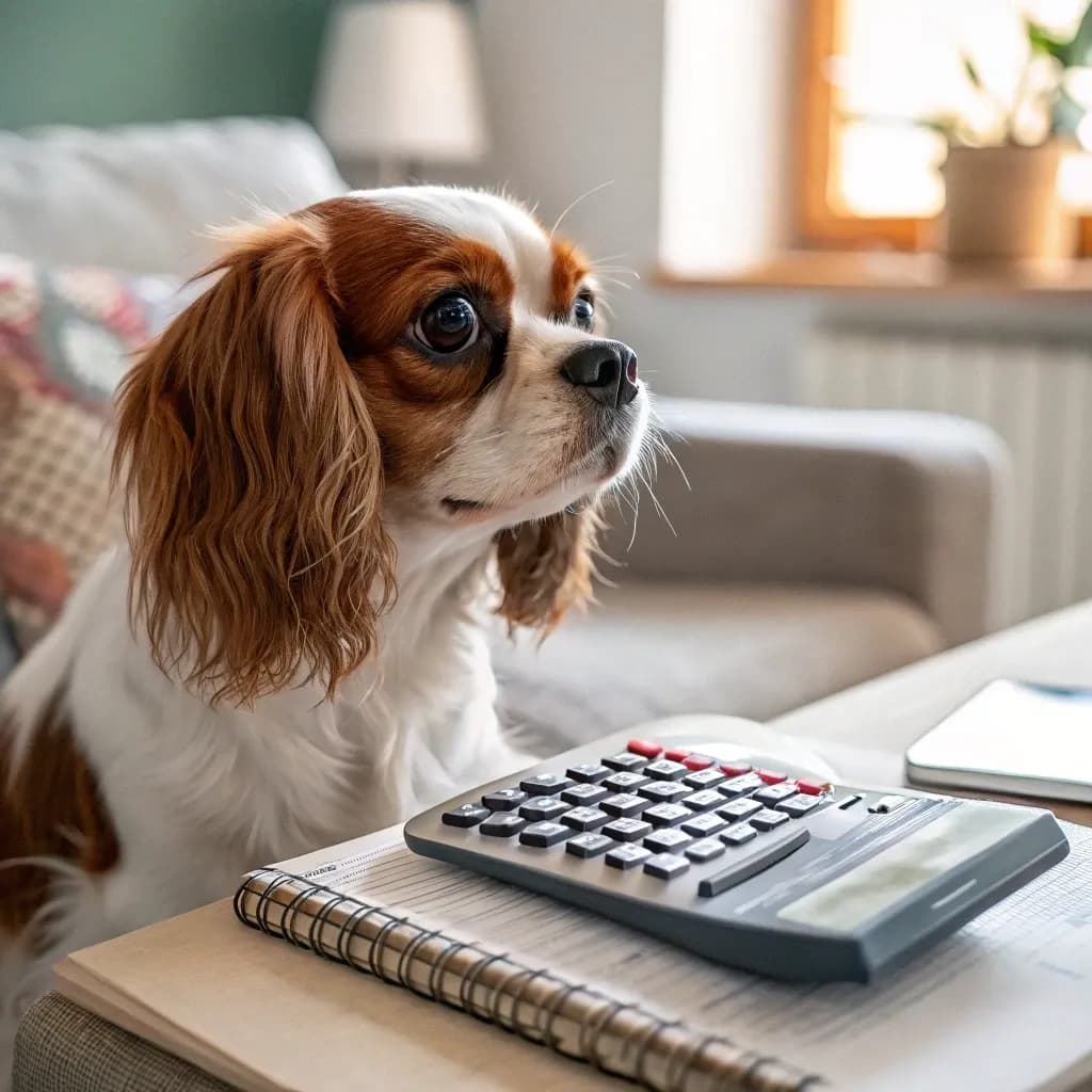 An English Toy Spaniel sitting with a calculator