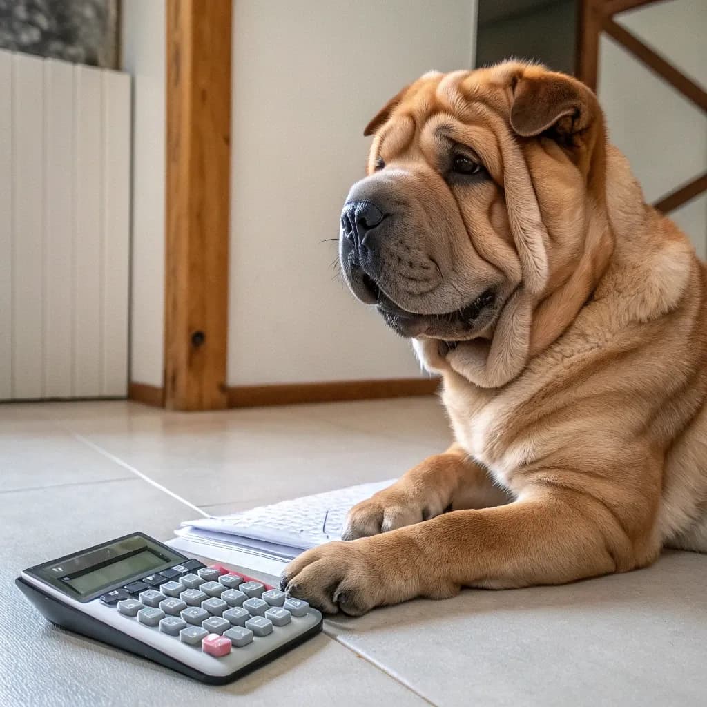 A Chinese Shar-Pei dog sitting on the kitchen floor with a calculator and some papers