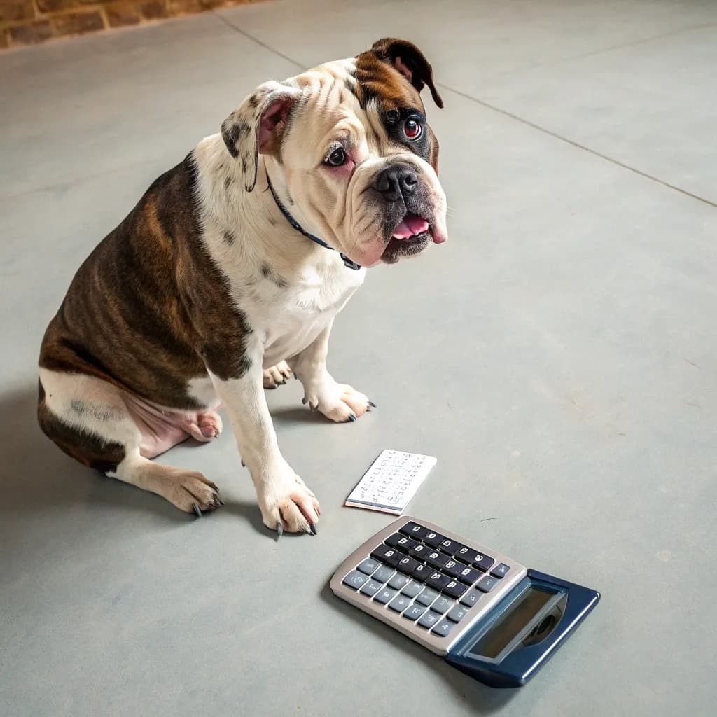 An adorable Alapaha Blue Blood Bulldog sitting on the floor with a calculator