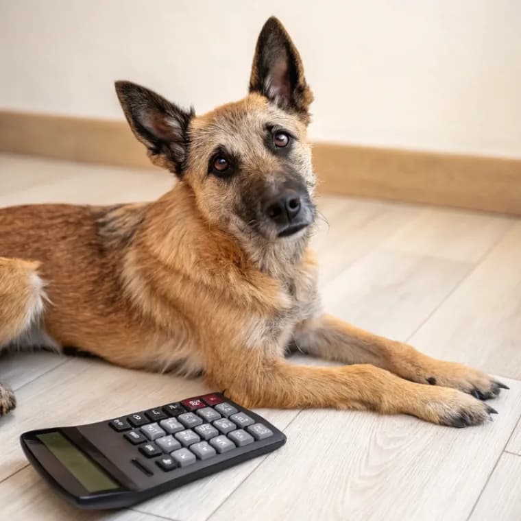 A Belgian Laekenois sitting on the hardwood floor with a calculator