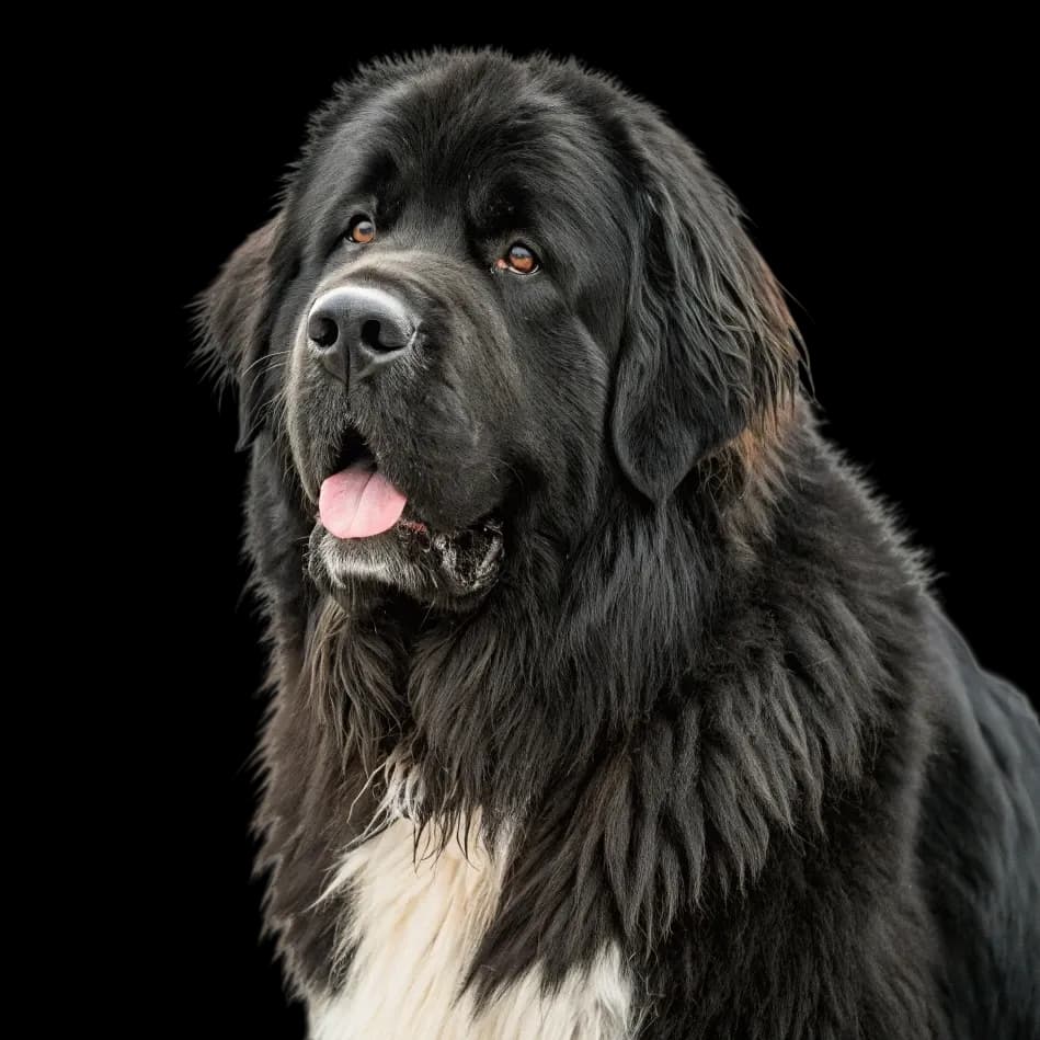 A headshot photo of a Newfoundler dog with black and white fur