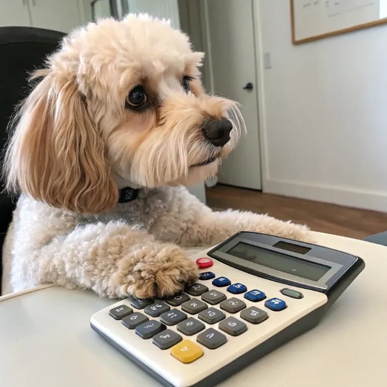 Havapoo sitting with a calculator