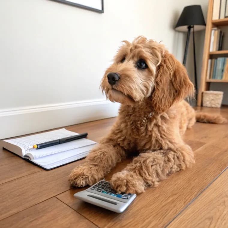 Irish Doodle sitting with a calculator