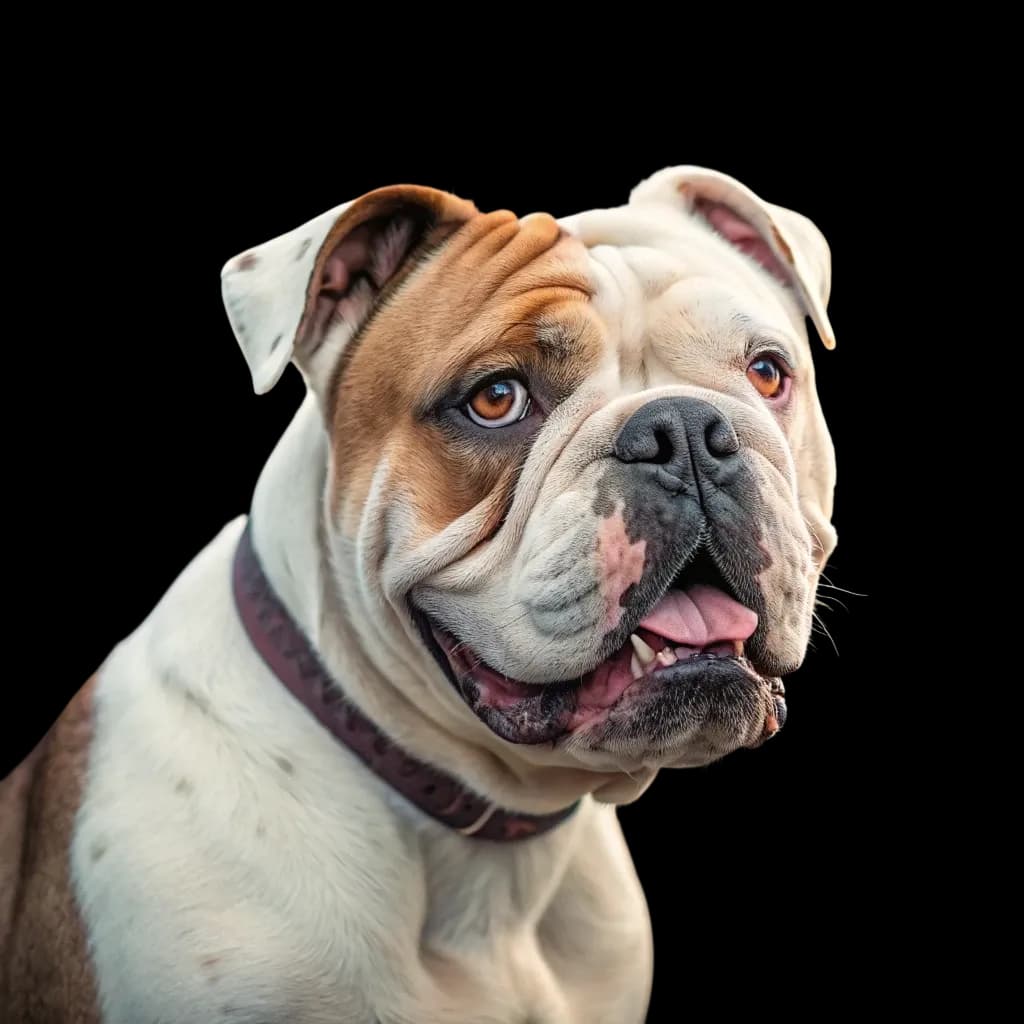 A headshot photo of an Olde English Bulldogge