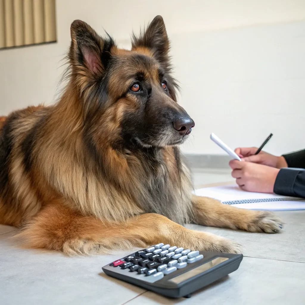 A long haired German Shepherd sitting on the carpet with a calculator