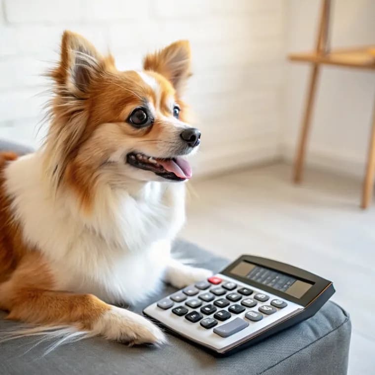 Aussiepom sitting with a calculator