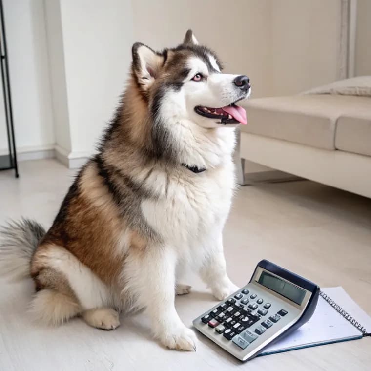 Alaskan Malamute sitting with a calculator