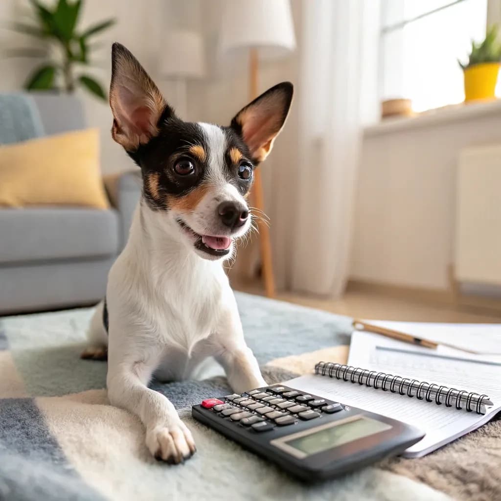 Toy Fox Terrier sitting with a calculator