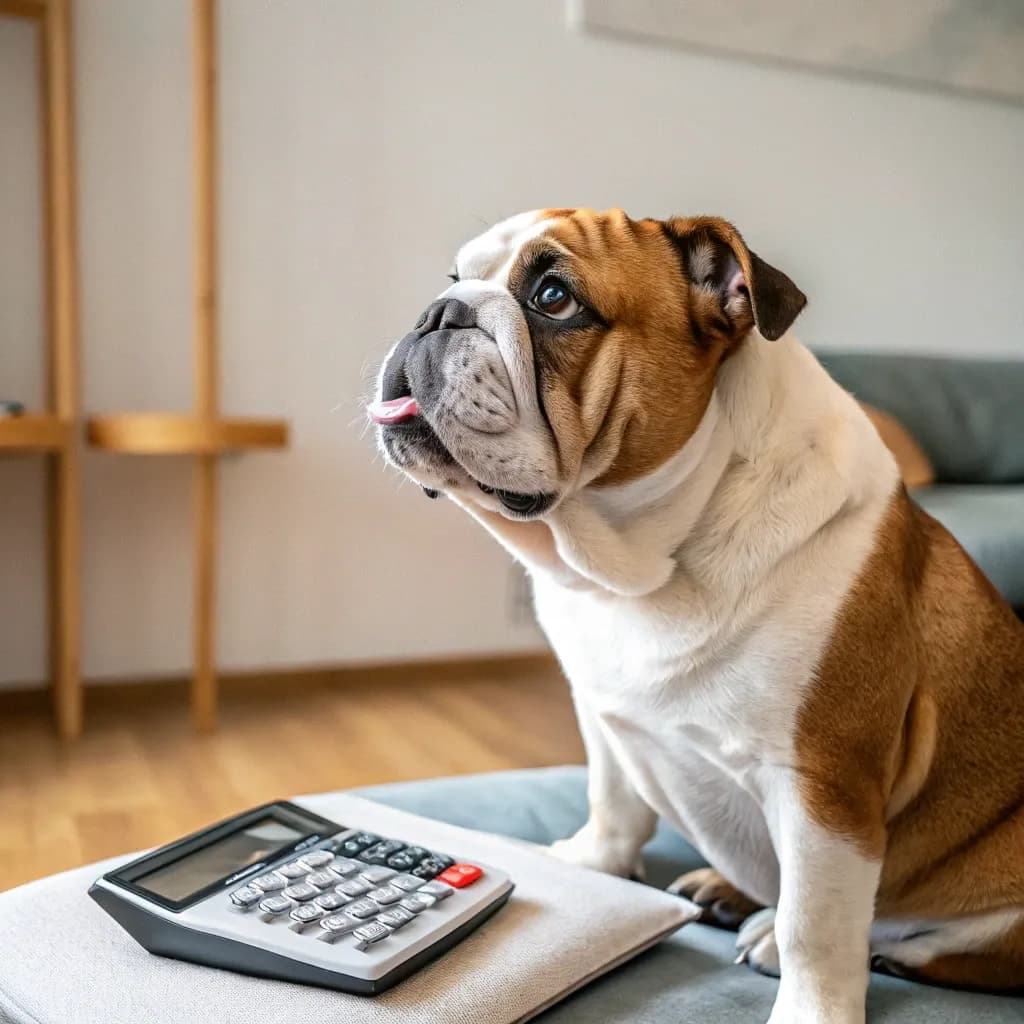 An English Bulldog sitting on couch cushions with a calculator