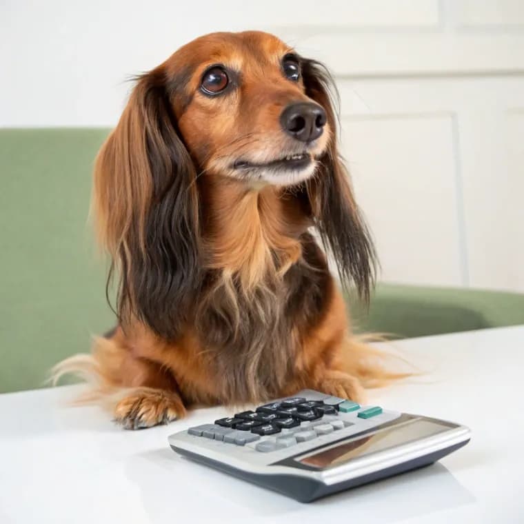 Long-Haired Dachshund sitting with a calculator