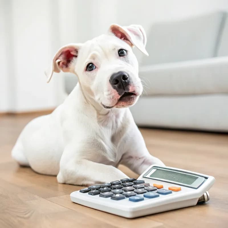 Dogo Argentino sitting with a calculator