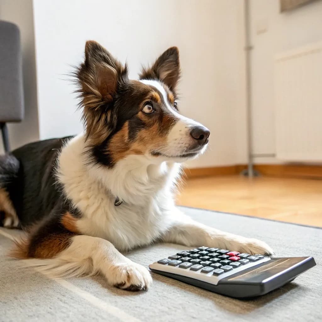 An English Shepherd sitting on a rug with a calculator