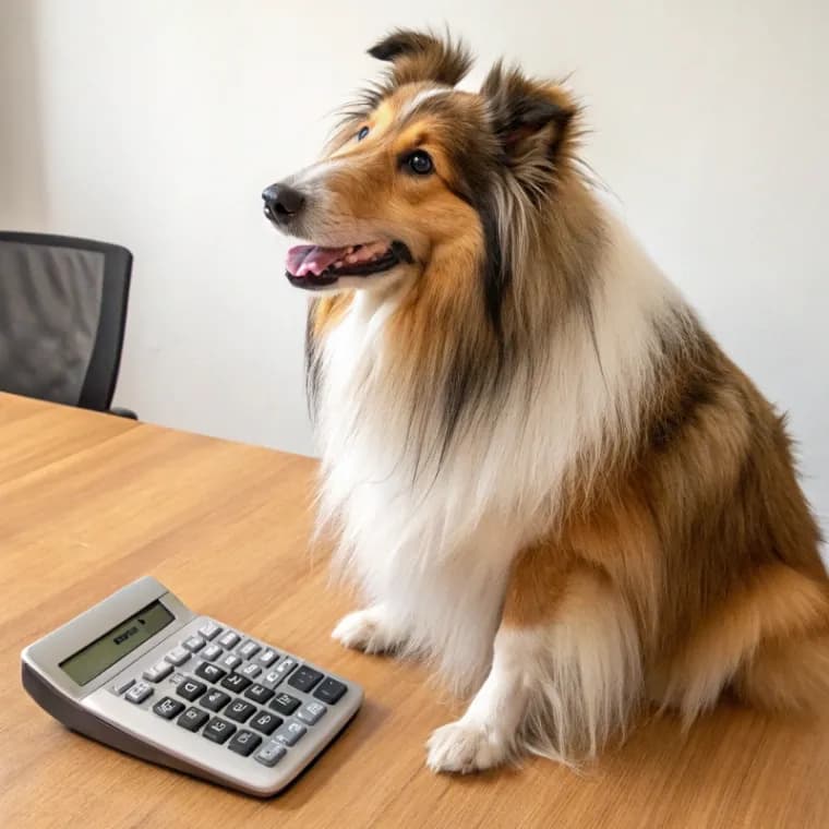 Rough Collie sitting with a calculator