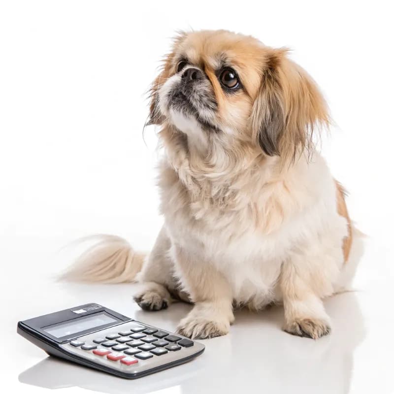 Pekingese sitting with a calculator