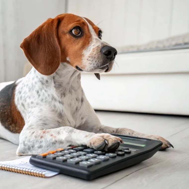 American English Coonhound sitting with a calculator