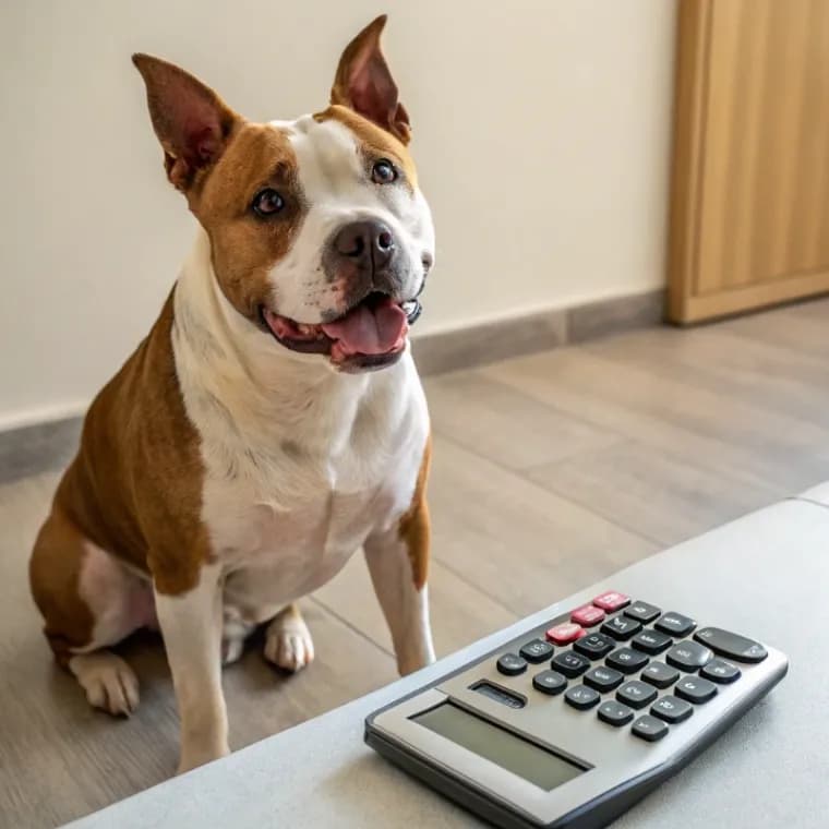 American Staffordshire Terrier sitting with a calculator