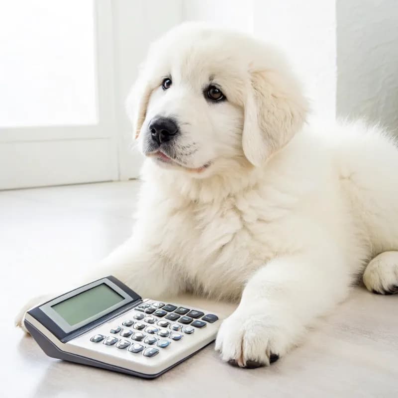 Great Pyrenees sitting with a calculator