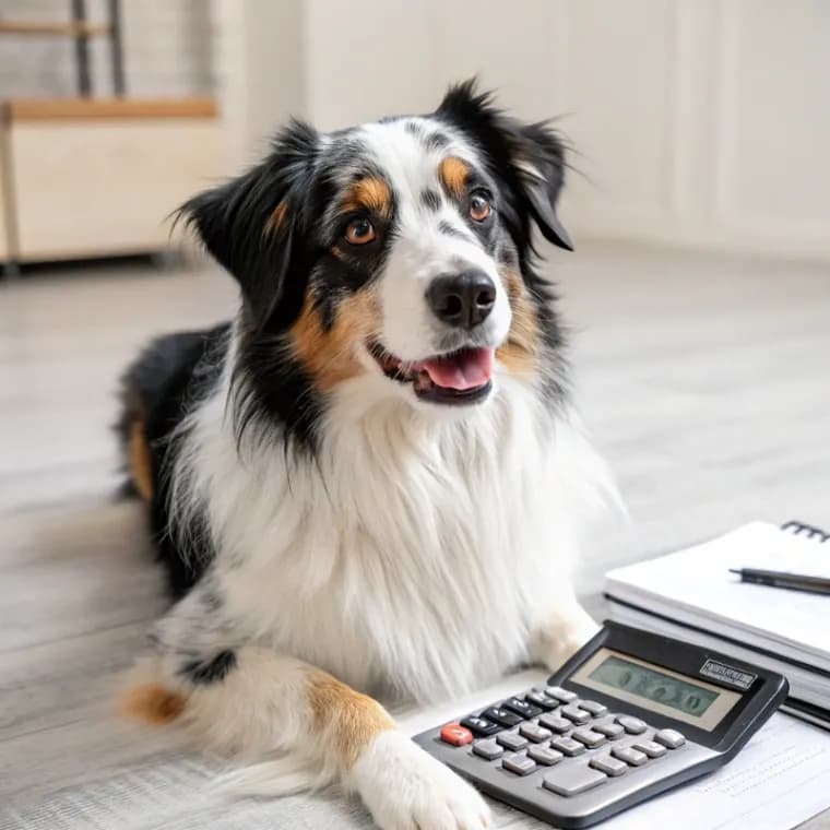 Australian Shepherd sitting with a calculator