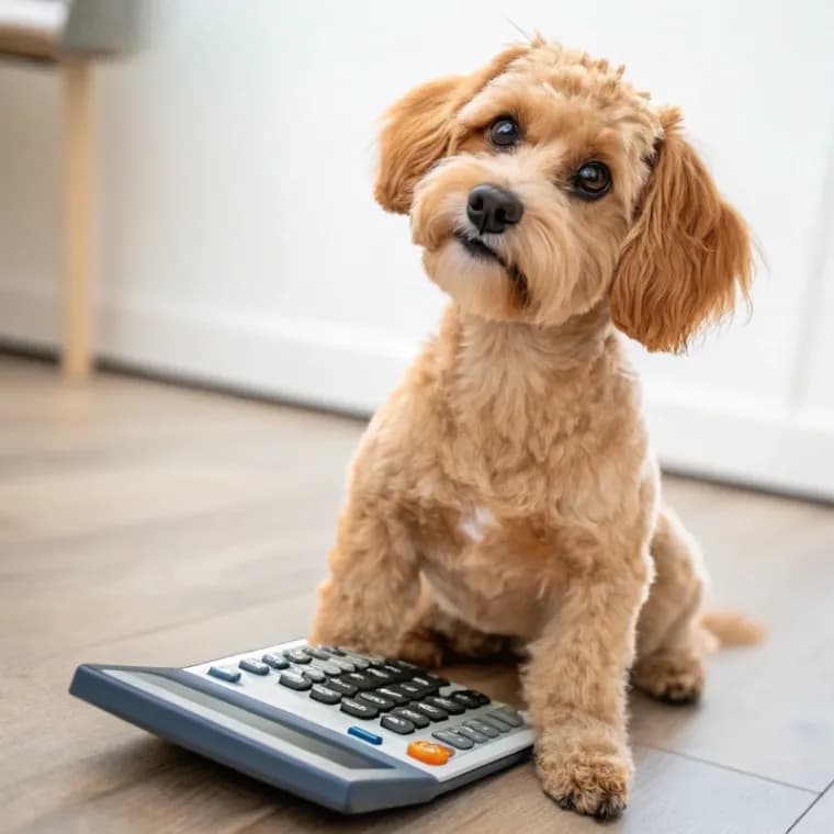 Maltipoo sitting with a calculator