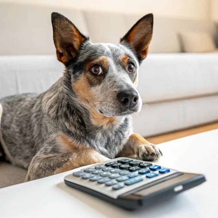 Australian Cattle Dog sitting with a calculator