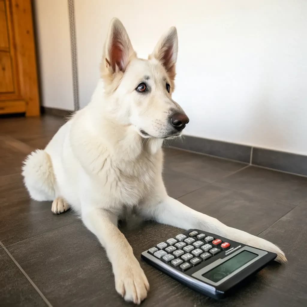 A White German Shepherd sitting on a black tile floor with a calculator