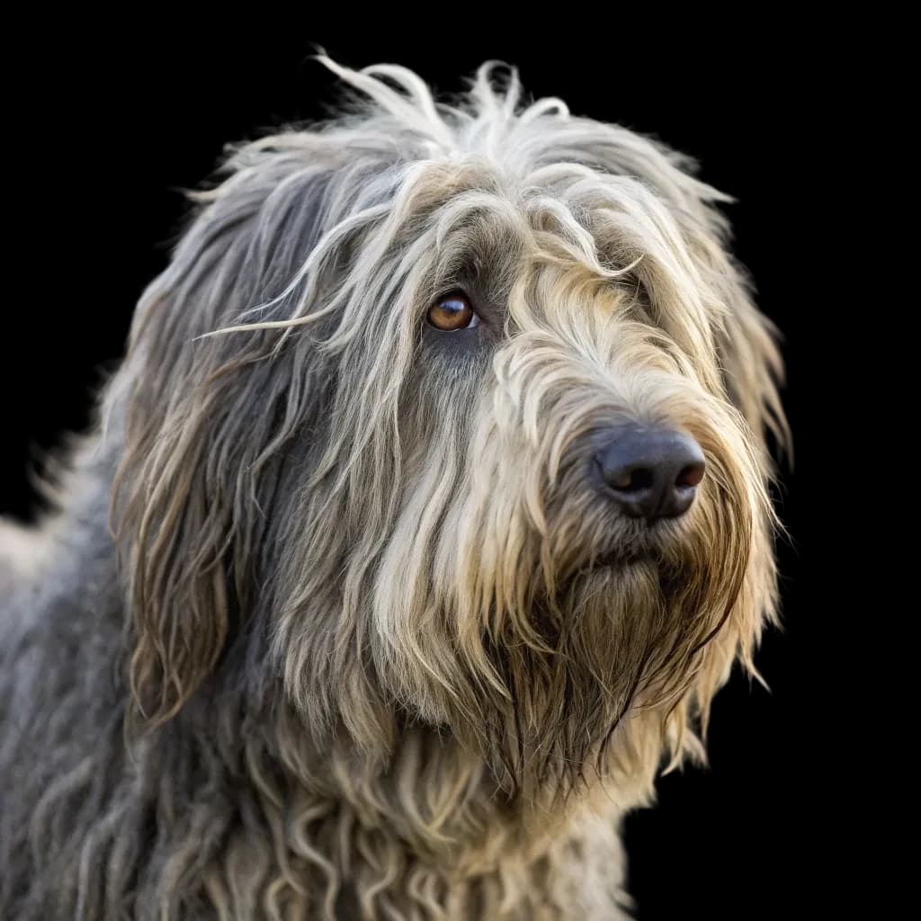 A headshot photo of a Bergamasco Shepherd