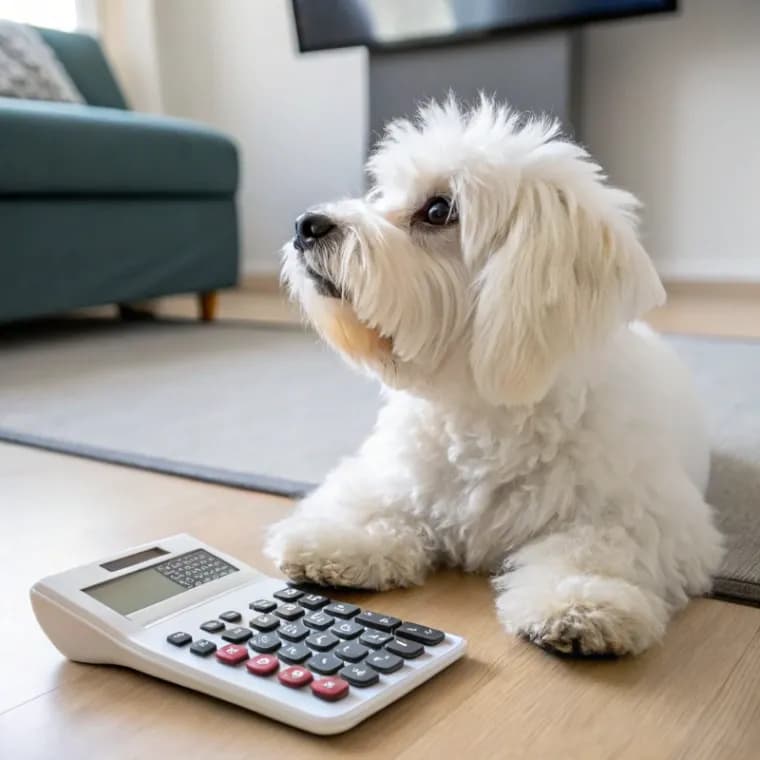 Coton de Tulear sitting with a calculator