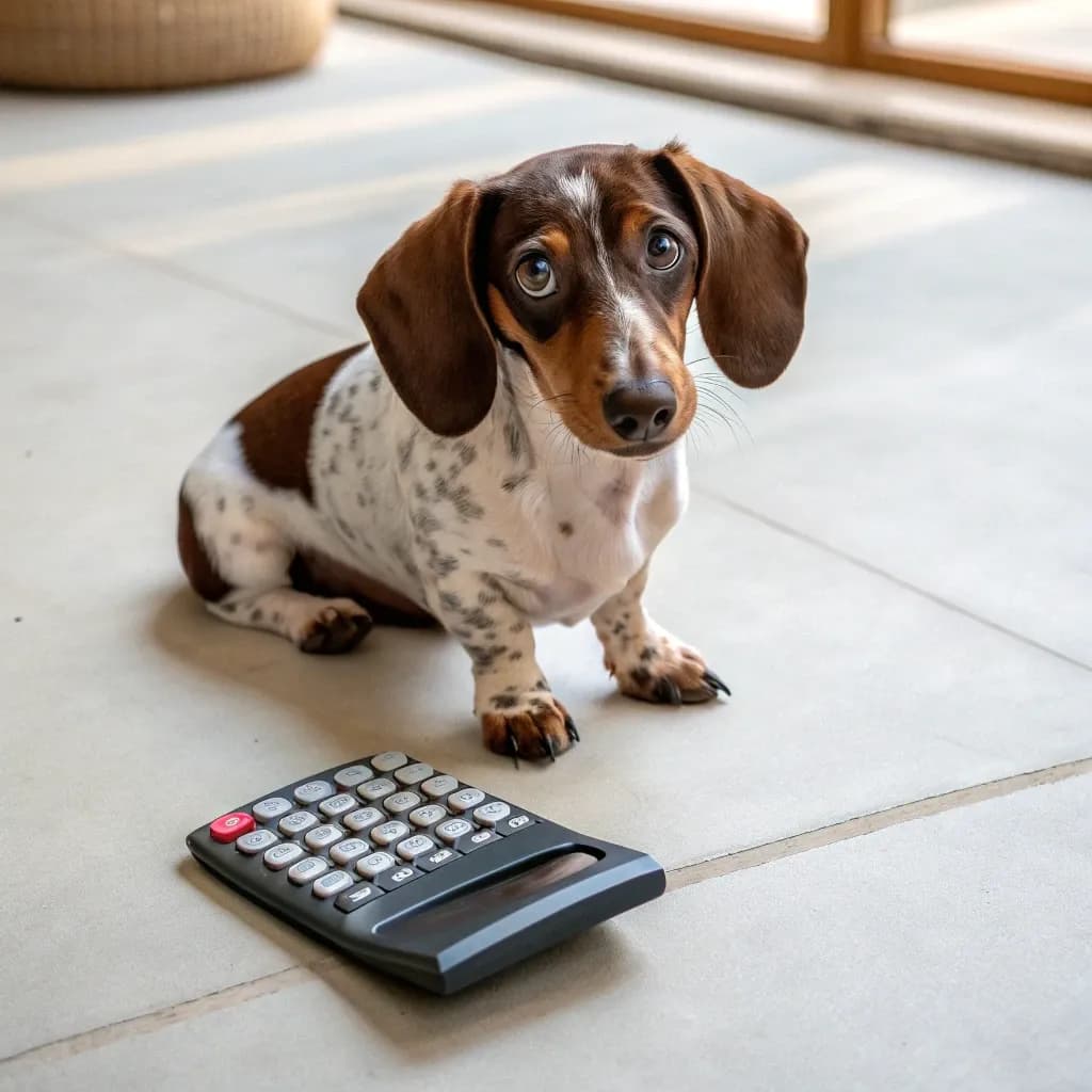 A photo of small Chocolate Piebald dachshund sitting on the floor with a calculator