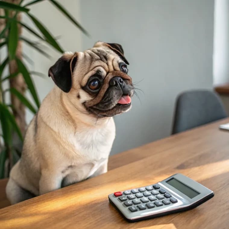 Pug sitting with a calculator