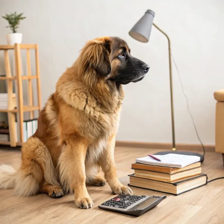 Leonberger sitting with a calculator