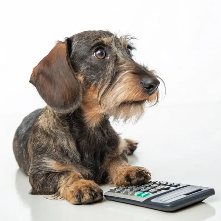 Wirehaired Dachshund sitting with a calculator
