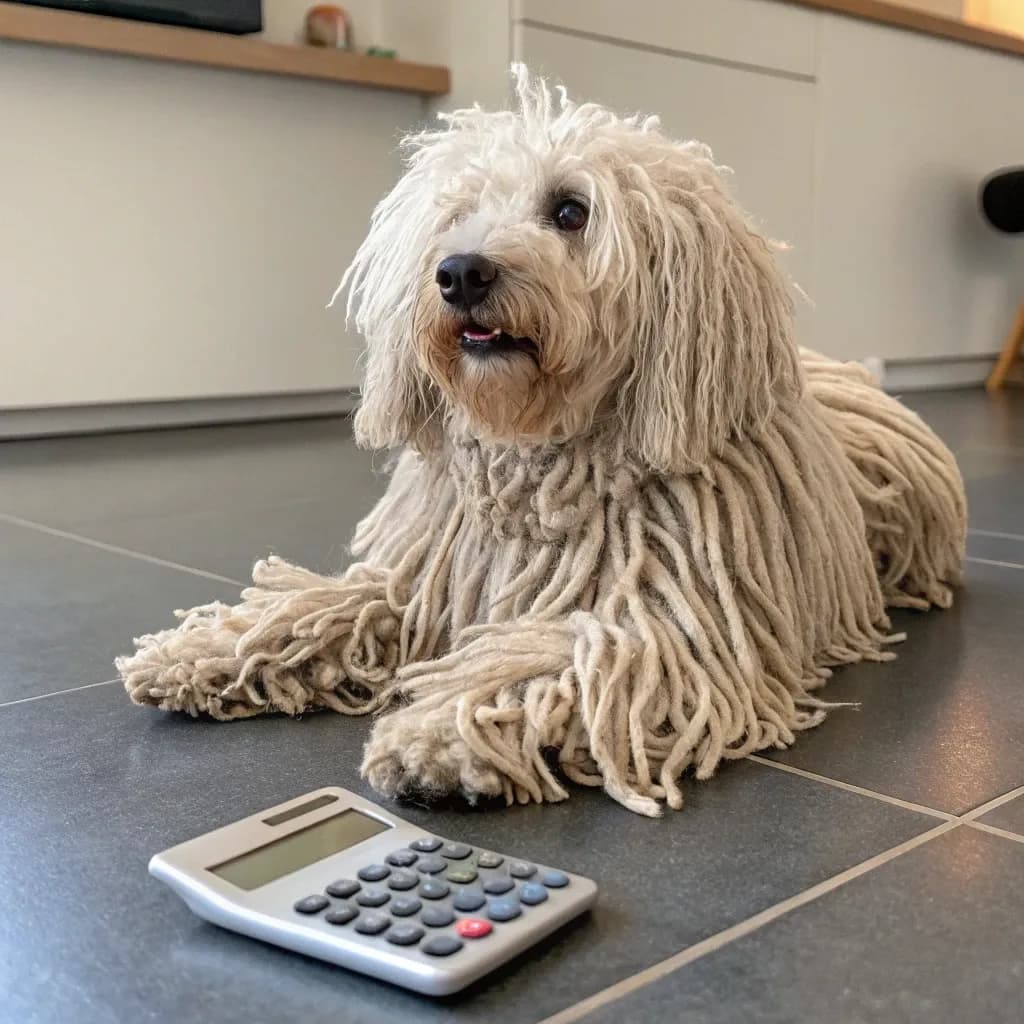A Puli dog with light fur sitting on grey tiles on the floor with a calculator