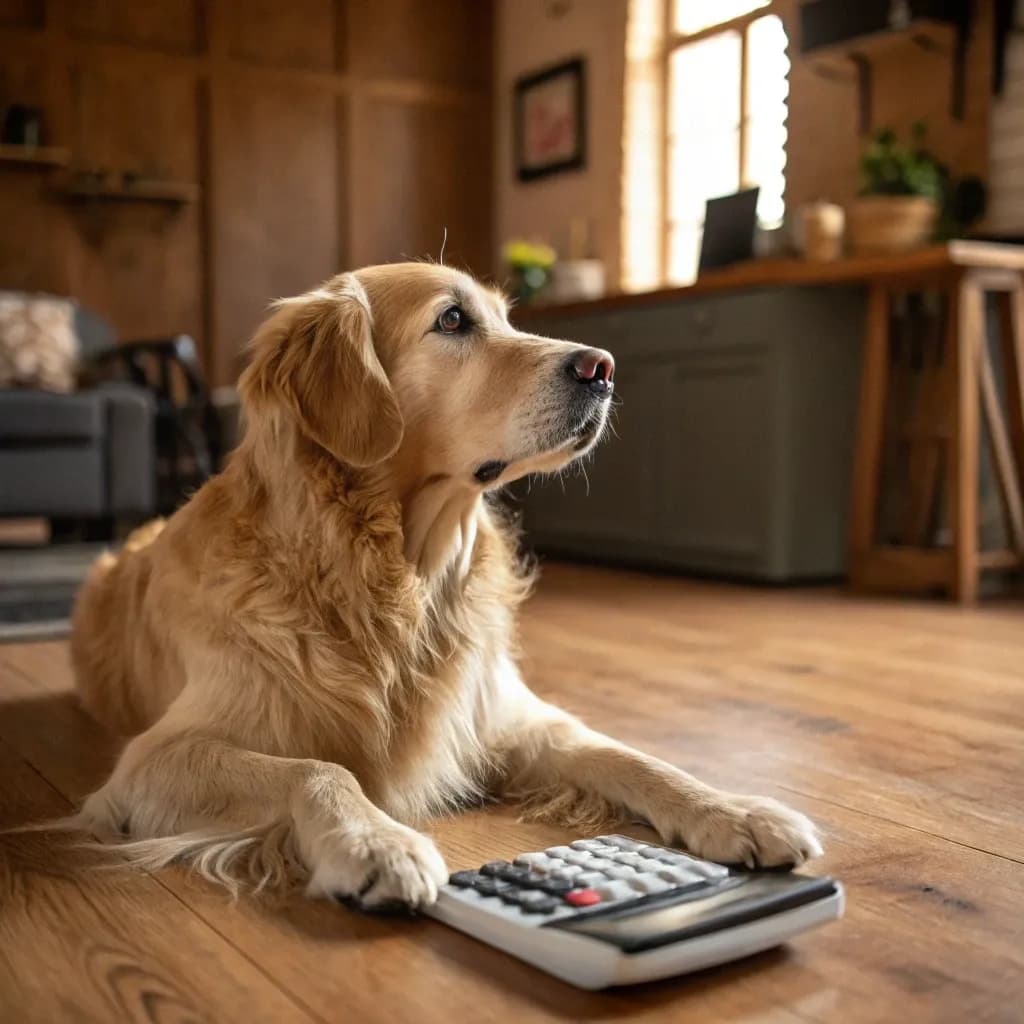 A Country retriever sitting inside a farmhouse on the hardwood floor with a calculator