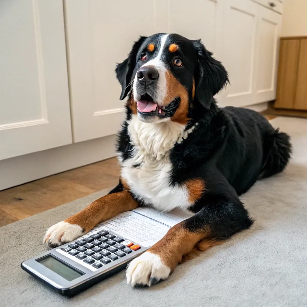 A Swiss Mountain Dog sitting on a carpet on the floor inside with a calculator
