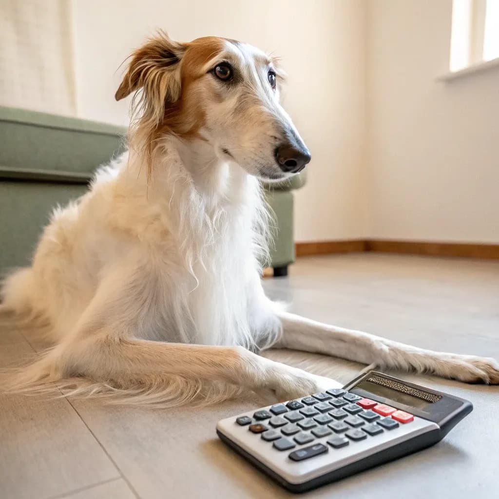 A Borzoi dog sitting on the hardwood floor with a calculator at its paws