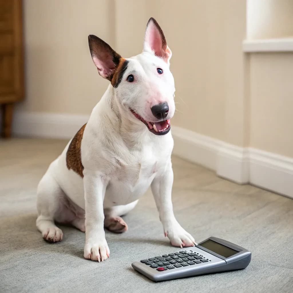 Bull Terrier sitting with a calculator