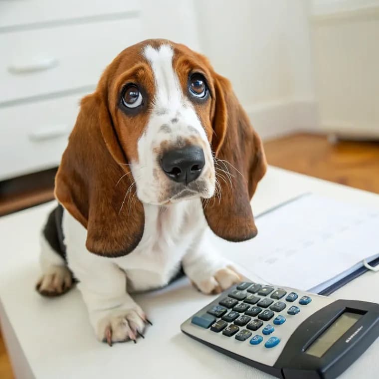 Basset Hound sitting with a calculator