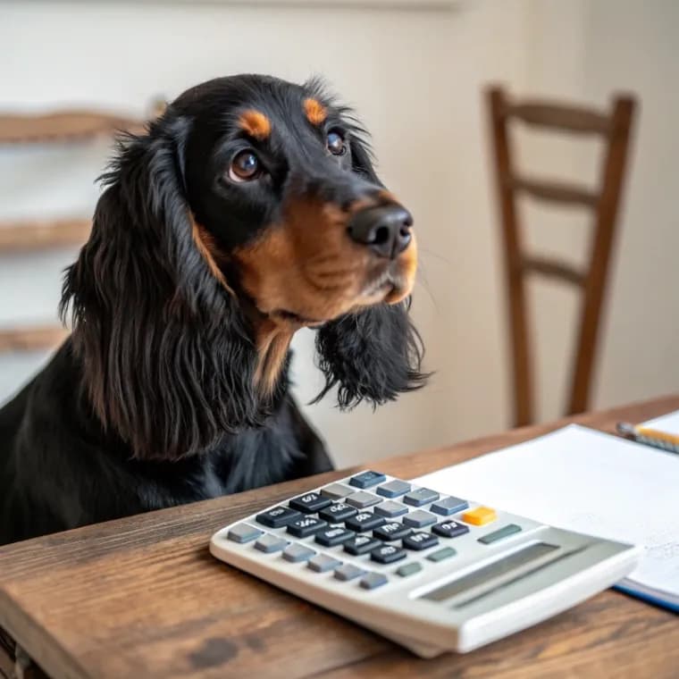 Gordon Setter sitting with a calculator