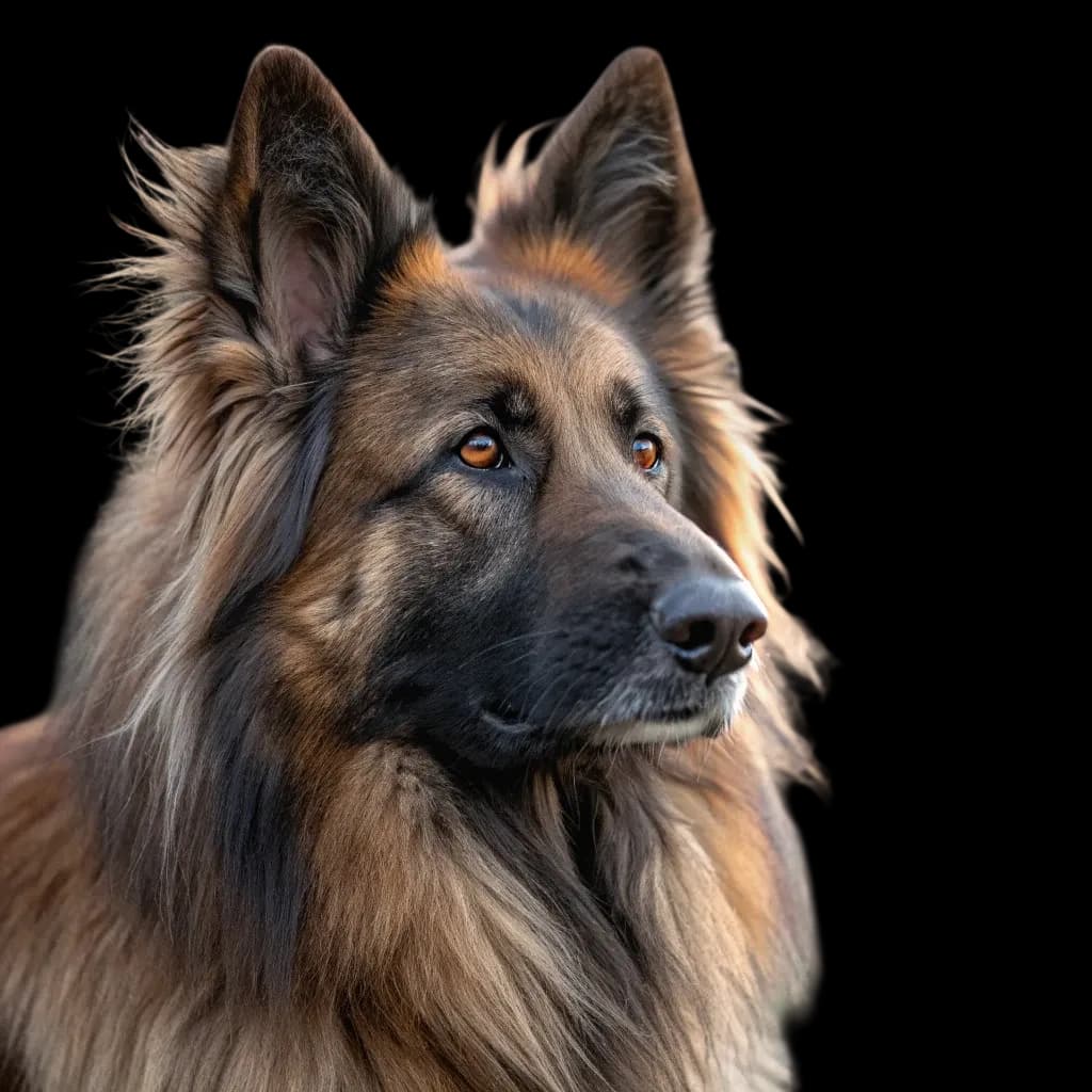 A headshot photo of a long-haired German Shepherd