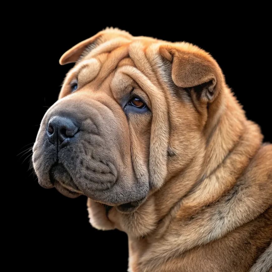 A headshot photo of a Mini Shar Pei dog