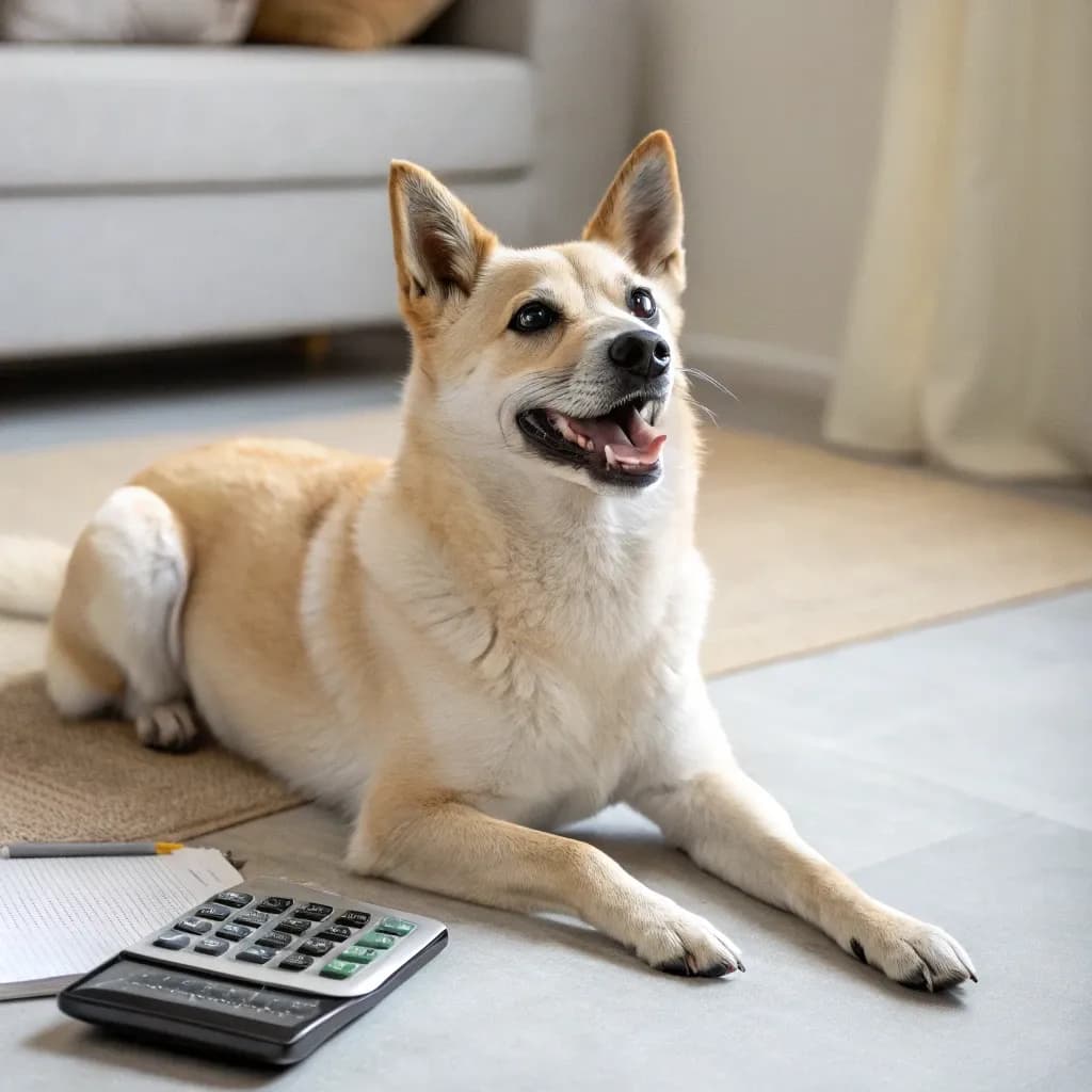 A Norwegian Buhund sitting inside on a rug with a calculator