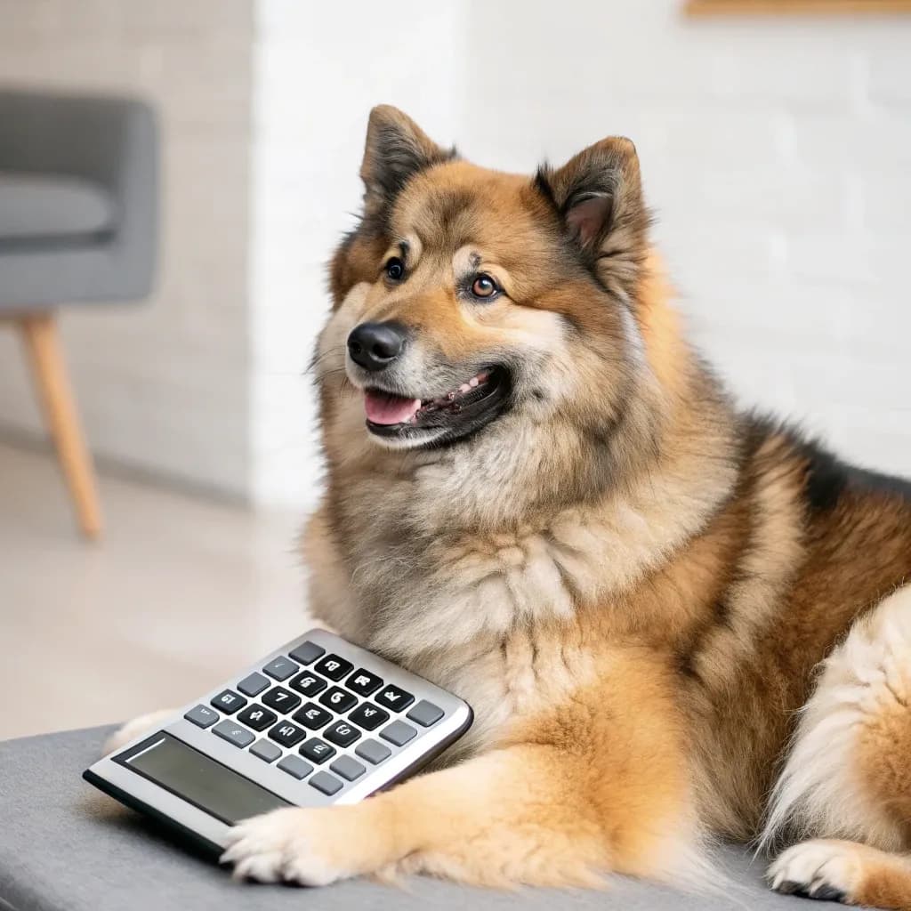 A Eurasier dog sitting on the floor holding a grey calculator