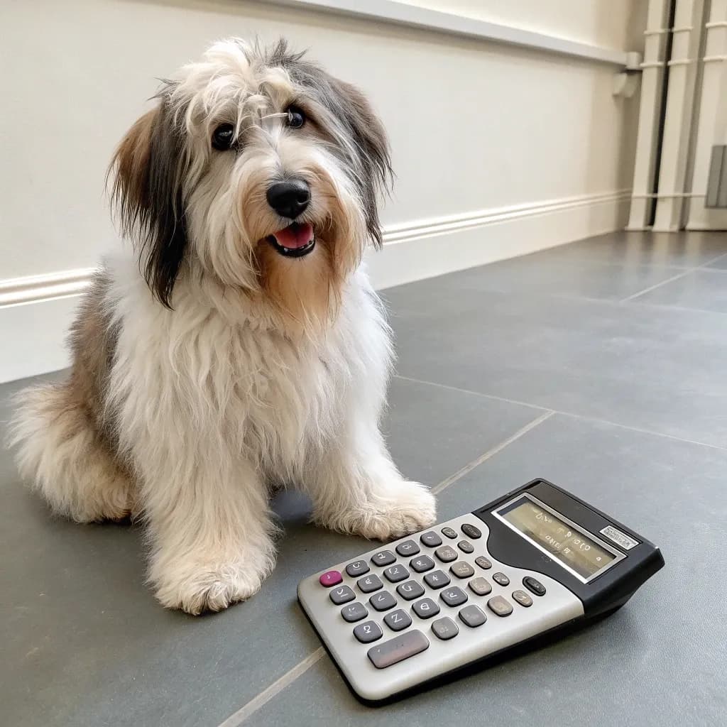 An adorable Polish Lowland Sheepdog sitting on the tiled floor inside with a calculator