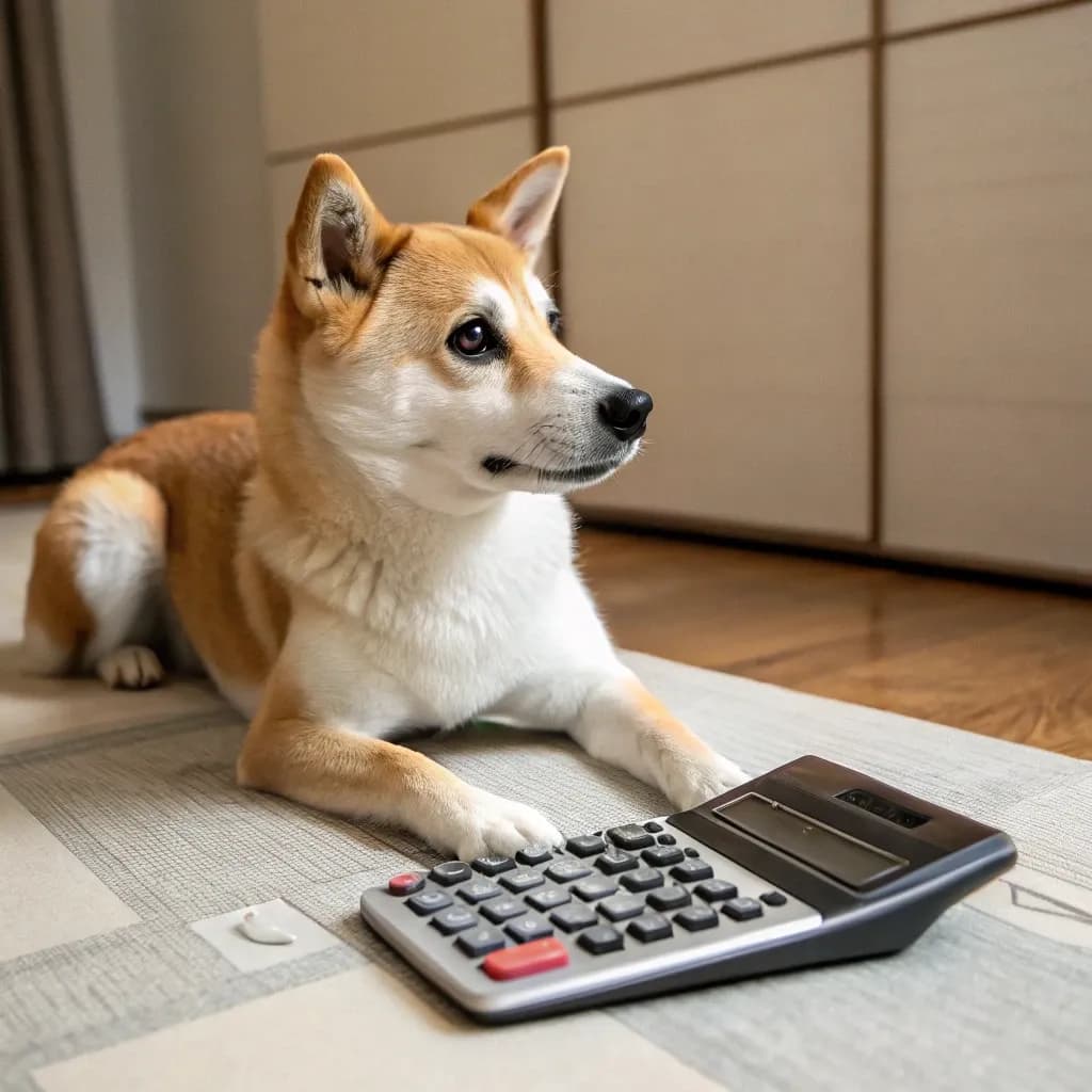 A Caan dog sitting on a rug on a hardware floor with a calculator