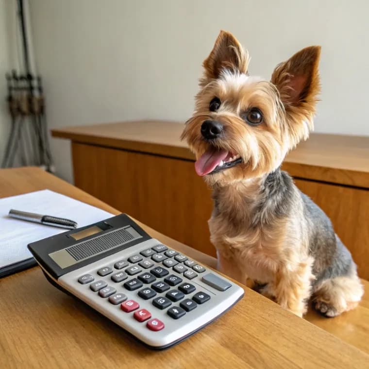 Yorkipoo sitting with a calculator