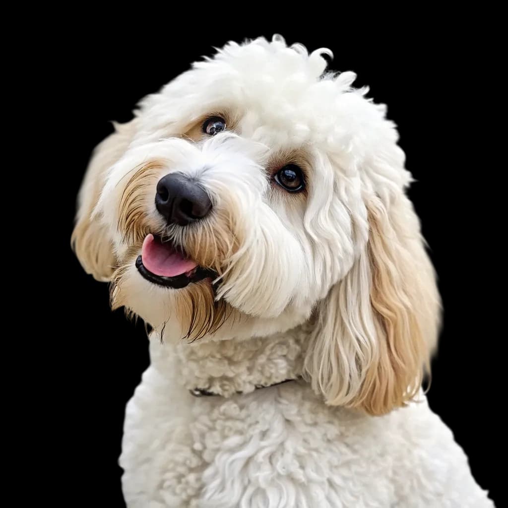 A headshot photo of a cottonpoo or cottondoodle