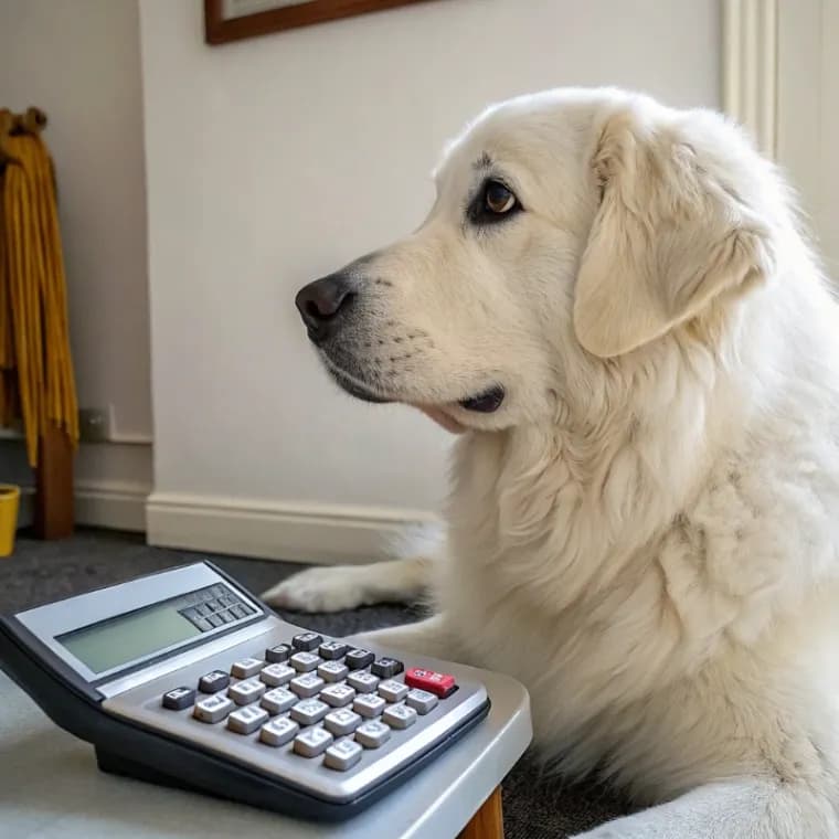 Maremma Sheepdog sitting with a calculator