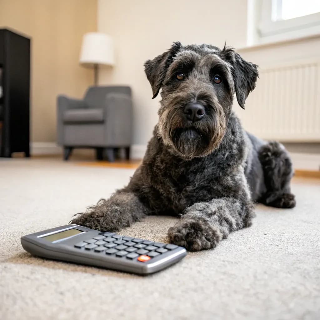 A Bouvier des Flandres dog sitting inside on the carpet with a calculator