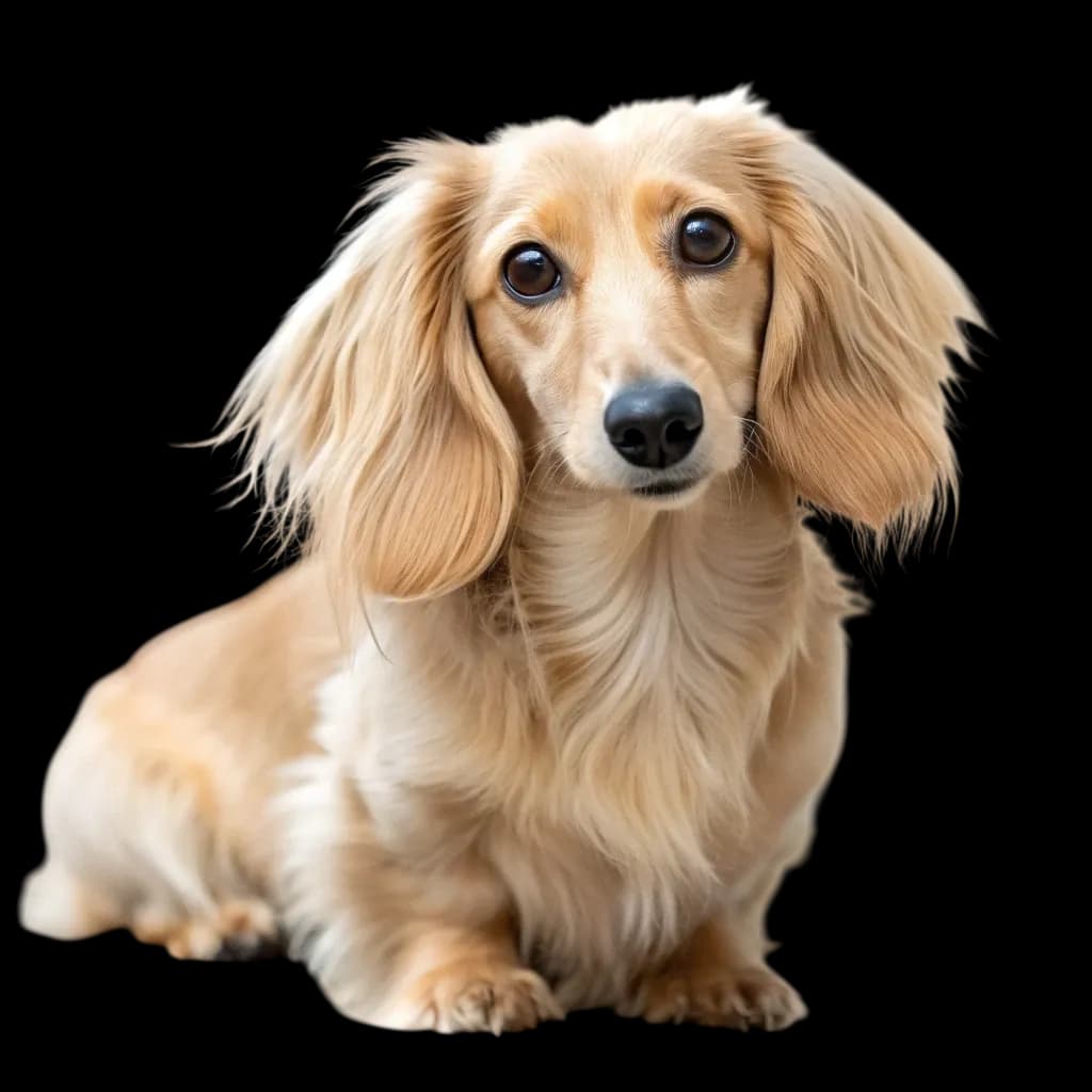 A cream coloured Miniature Long-Haired Dachshund Puppy sitting and looking ahead