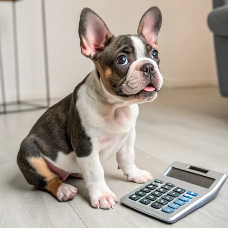 American Bully sitting with a calculator